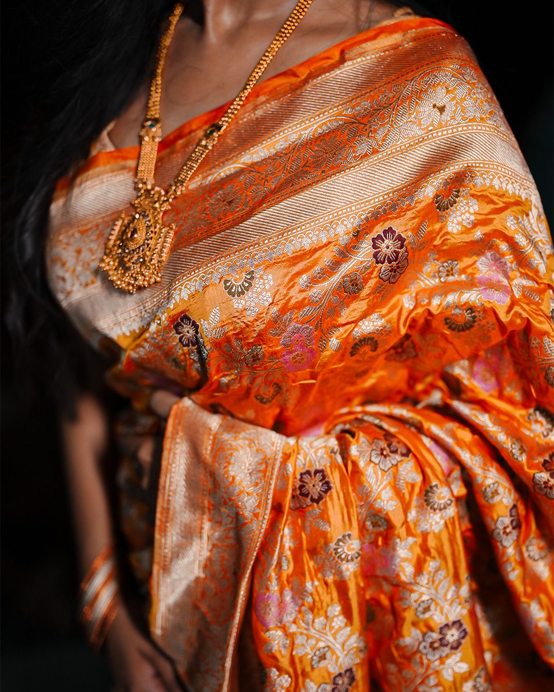 Orange Pure Katan Tilfi Jaal Banarasi Saree